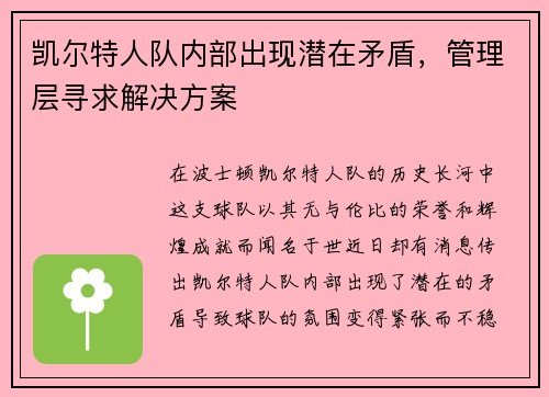 凯尔特人队内部出现潜在矛盾，管理层寻求解决方案