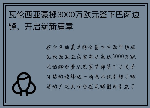 瓦伦西亚豪掷3000万欧元签下巴萨边锋，开启崭新篇章